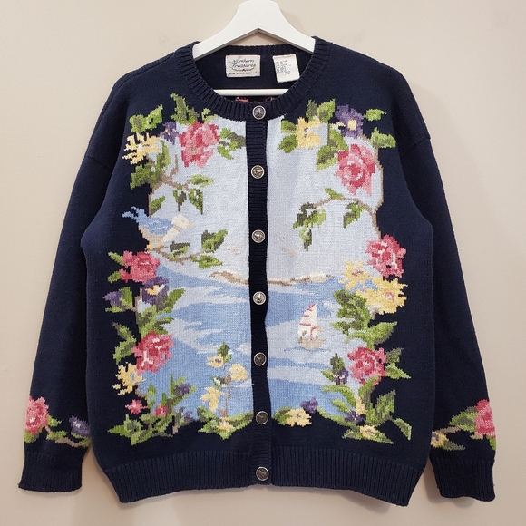 Northern Reflections Sweaters - Vintage Northern Reflections - Intarsia Cotton Knit Cardigan Sailboat Scene - L